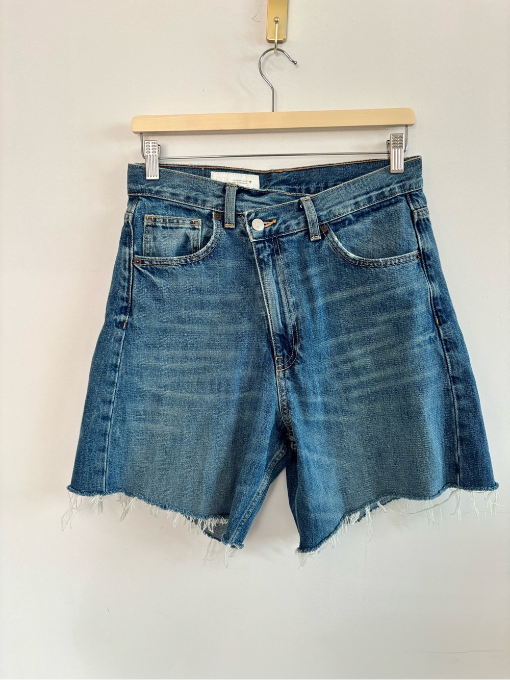 Zara High-Rise Raw Hem Denim Shorts with AsymmetricalButton- Blue- Size US 4